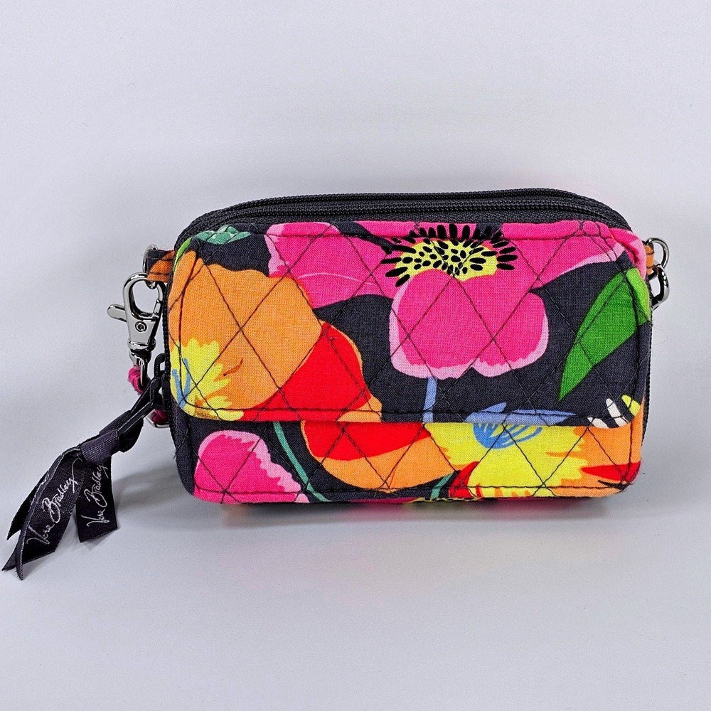 Vera Bradley All In One Crossbody Wallet Floral Quilted Cotton Gray Pink Orange